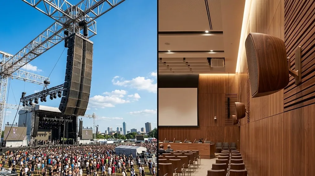 Açık Alan ve Kapalı Alan Ses Sistemi Arasındaki Farklar Açık havada kurulu profesyonel line array ses sistemi ve kapalı salondaki akustik hoparlörlerin karşılaştırması