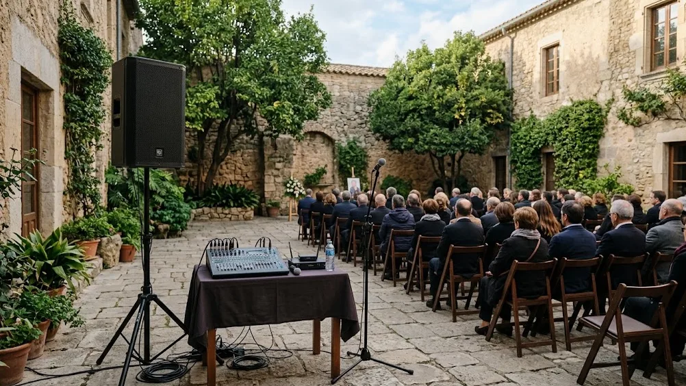 Cenaze Ses Sistemi Kiralama Cami avlusunda kurulmuş profesyonel cenaze ses sistemi ve hoparlörler